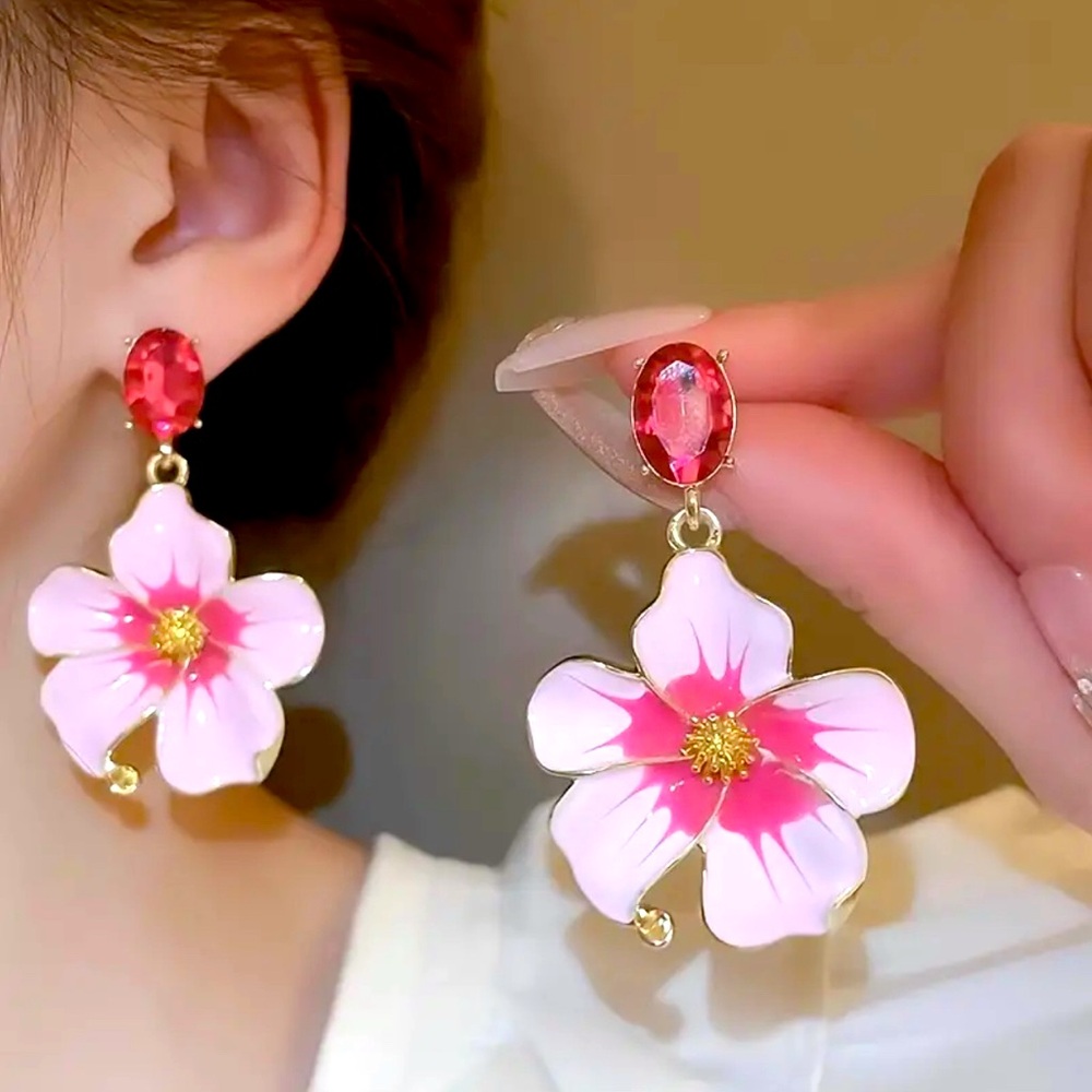 Hibiscus Pink Floral Earrings Rhinestone Enameled Gold Tone